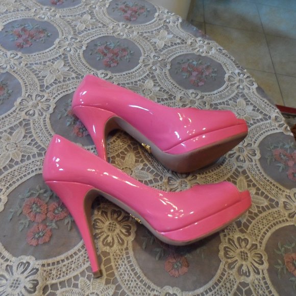 Prada Rose Pink Patent Leather Peep Toe Platform Heels Size 38B - Picture 6 of 16